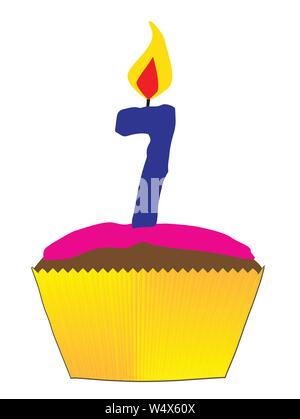 Eine Süßigkeit Cupcake mit rosa Glasur und eine Nummer 7 als die Kerze Stock Vektor