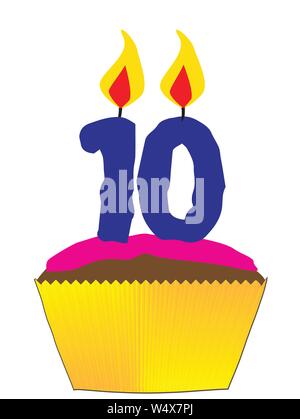 Eine Süßigkeit Cupcake mit rosa Glasur und eine Nummer 10 als die Kerzen Stock Vektor