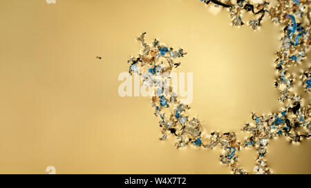 Kunststoff wird in Wasserbecken und schrittweise durch Sonne und Wellen zerstört. Plastische Teilchen sammeln sich in Felder und Klumpen auf der Wasseroberfläche und in der t Stockfoto