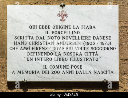 Florenz, Italien, 10. MAI 2019: Qui Ebbe origine La fiaba" Il Porcellino scritta dal Noto novelliere danese Hans Christian Andersen che amo Firenze Dov Stockfoto