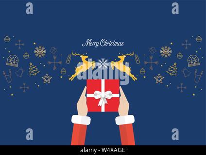 Santa Hände halten Geschenkbox mit goldenen Rentiere und Weihnachten Elemente. Vector Illustration Stock Vektor