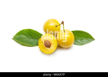 Gelbe Pflaume mirabelle Obst auf weißem Hintergrund. Prunus domestica Stockfoto