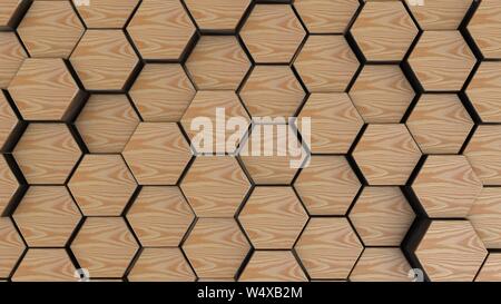 Holz- Hexagon Geometrie Hintergrund. 3D-Render von einfachen Primitiven mit sechs Winkeln vor. Stockfoto