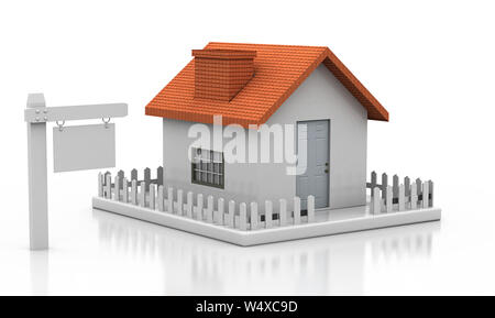 Haus zum Verkauf mit Tasten auf weißem Hintergrund, hohe Auflösung Sharp 3D-Rendering Stockfoto