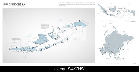 Vektor einrichten von Indonesien Land. Isometrische 3d-Karte, Indonesien Karte, Asien Karte - mit Region, Staat Namen und Städtenamen. Stock Vektor