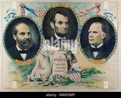 In Memoriam, 'Götter wird, nicht unsere Done', Kopf und Schultern Porträts des ermordeten US-Präsidenten James A. Garfield, Abraham Lincoln & William McKinley, Lithographie, monasch Lith. Co., herausgegeben von J.H. De Bruyn, 1901 Stockfoto