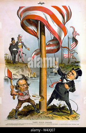 'Ihre Wahl', William McKinley die US-Flagge in den Philippinen, und William Jennings Bryan zerkleinern, mit US-Flaggen fliegen über Puerto Rico und Kuba, wie Uncle Sam und ein anderer Mann sie von US-Boden, politische Karikaturen, Illustrationen von F. Victor Gillam, Richter Magazine, Mai 12, 1900 Stockfoto