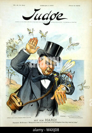 "Traf ihn hart!', US-Präsident William McKinley Zu swat 'aufständischen Aguinaldo", eine Mücke, wie andere 'Aufständischen' Moskitos vorbereiten, ihn anzugreifen, Politische Karikatur, Kunstwerke, die von Grant Hamilton, Richter, Magazin, 4. Februar 1899 Stockfoto