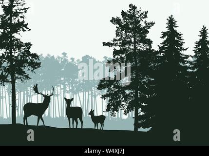 Realistische Darstellung der Landschaft mit Nadelwald, Hirsch und Familie, unter grünen Frühling oder Herbst Sky-Vektor Stock Vektor