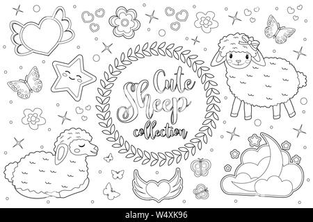 Süße kleine Schafe set Malbuch Seite für Kinder. Sammlung von Design Element, Outline, doodle Stil. Kinder Baby clipart Antistress. Vektor Stock Vektor