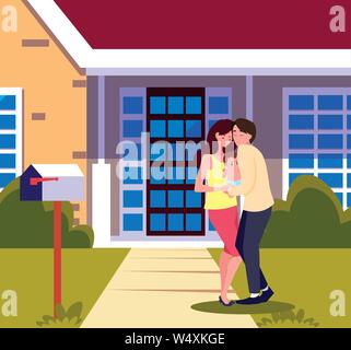 Mann umarmt eine Frau mit Baby im vorderen Haus Vector Illustration Stock Vektor