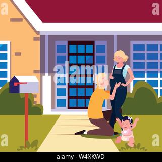 Mann umarmt eine Frau mit Baby im vorderen Haus Vector Illustration Stock Vektor