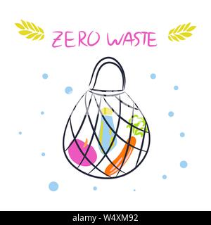 Null Abfall eco Beutel mit Produkte vector Tote. Eco style keine Gegenstände aus Kunststoff. Stock Vektor