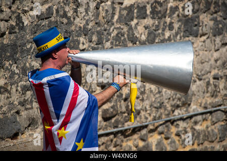 Steve Bray Anti Brexit Aktivist außerhalb der Palast von Westminster protestieren. Stockfoto