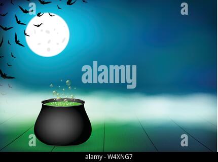 Halloween Hintergrund mit bat, Kessel, Nachthimmel Stock Vektor