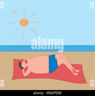 Man unten am Strand liegend, Hand-Vector Illustration gezeichnet. Farbe Umrisse und gefärbt. Stock Vektor