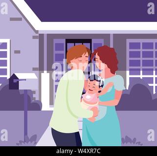 Mann umarmt eine Frau mit Baby im vorderen Haus Vector Illustration Stock Vektor