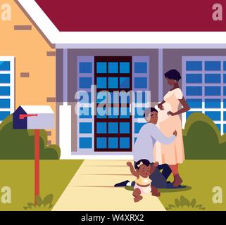 Mann umarmt eine Frau mit Baby im vorderen Haus Vector Illustration Stock Vektor