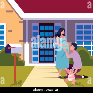 Mann umarmt eine Frau mit Baby im vorderen Haus Vector Illustration Stock Vektor