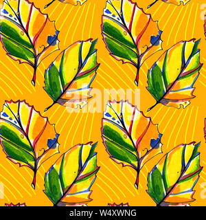 Nahtlose Muster mit Aquarell Blätter im Herbst. Von Hand bemalt Pastell gelb, orange und grün, die Farben der Grafik stilisierte Blätter orange hinterlegt Stockfoto