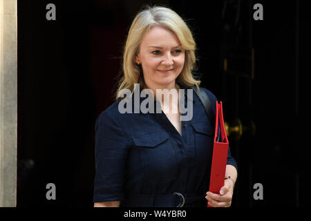 (190725) - LONDON, 25. Juli 2019 (Xinhua) - Großbritanniens internationale Handel Sekretärin Liz Truss Blätter 10 Downing Street nach der Teilnahme an einer Kabinettssitzung in London, Großbritannien, am 25. Juli 2019. (Foto von Alberto Pezzali/Xinhua) Stockfoto