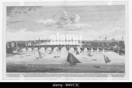 Blick auf die Westminster Bridge über die Themse in London, 1700. Von der New York Public Library. () Stockfoto