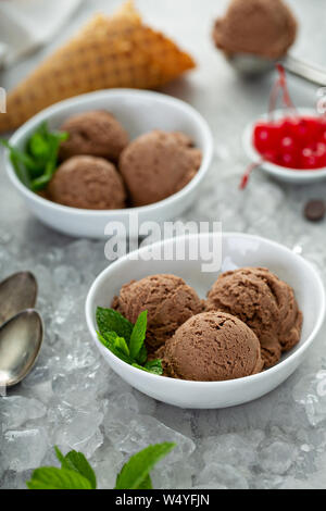 Einfache Schokolade Eis in einer weißen Schüssel mit Minze Stockfoto