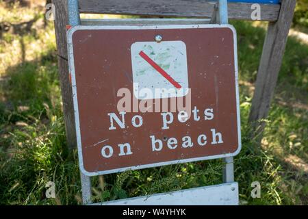 Schild Keine Haustiere an Strand und Warnung Besucher, dass Haustiere nicht an einem sonnigen Tag in Stinson Beach, Kalifornien, 14. Juli 2019 gestattet. () Stockfoto