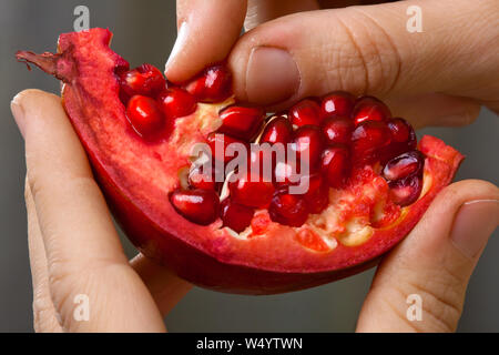 Hände von Frau peeling Granatapfel Obst, Nahaufnahme Stockfoto