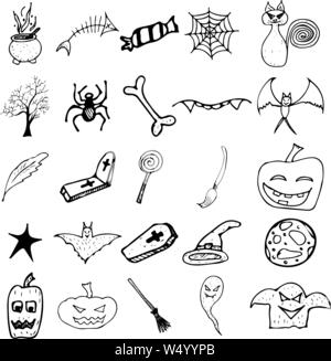 Halloween doodle auf weißem Hintergrund. Cartoon mit schwarz Halloween doodle Elemente. Struktursymbol Sammlung. Handskizze Magi gezeichnet Stock Vektor