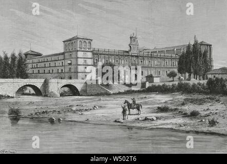 España. León. Äußere histórico del Convento de San Marcos, de la Orden Militar de Santiago de la Espada. En Primer término El Rio Bernesga. Dibujo de A. de Caula. Grabado por Arturo Carretero (1852-1903). La Ilustración Española y Americana, 15 de Septiembre de 1883. Stockfoto