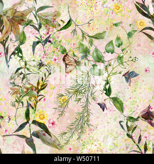 Aquarell von Blatt und Blumen, nahtlose Muster Stockfoto