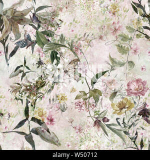 Aquarell von Blatt und Blumen, nahtlose Muster Stockfoto