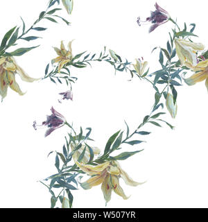Aquarell, Öl Gemälde von Blatt und Blumen, nahtlose Muster auf weißem Hintergrund Stockfoto