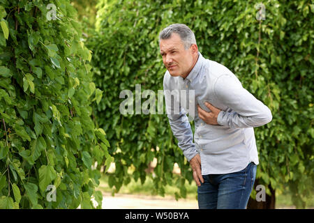 Reifer mann Leiden von Herzinfarkt im Freien Stockfoto