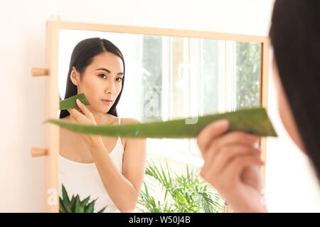 Schöne asiatische Frau mit Aloe vera zu Hause Stockfoto