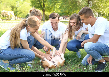 Gruppe von Freiwilligen mit niedlichen Hund im Freien Stockfoto