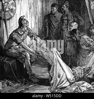 Coriolanus wurde im 5. Jahrhundert V.CHR. römische General, der militärischen Erfolg gegen verschiedene Aufstände gegen die Regierung in Rom. Nach seinem Erfolg, Coriolanus wurde aktiv in der Politik, aber sein Temperament war ungeeignet. Er verließ Rom mit der Volscian leader Attius Tullus Aufidius aufzuhalten und sie führten den Volscian Armee Belagerung nach Rom zu verlegen. Dann Coriolanus' Mutter Volumnia Veturia und seine Frau und seine beiden Söhne gingen an die Volscian Camp und flehte Coriolanus seinen Angriff auf Rom einzustellen. Coriolanus überwunden wurde durch ihre Angriffs- und Verteidigungsmittel, die Belagerung endete. Stockfoto