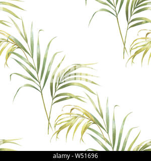 Aquarell Abbildung: Coconut Palm Blätter, nahtlose Muster auf weißem Hintergrund Stockfoto