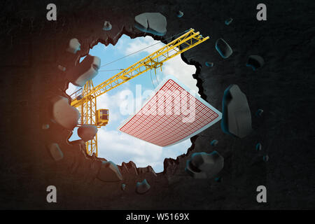 3D-Rendering von Bau kran- und Karte durch das Loch im schwarzen Wand zu sehen Stockfoto