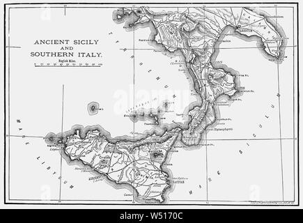 Das 19. Jahrhundert Karte des Antiken Sizilien und Südlichen Italia (Latein und Italienisch Name für die italienische Halbinsel), illustrieren die Heimat der Römer und Metropole des Römischen Reiches in der Antike. Rom war eine italienische Stadt - Zustand, dass seine Form der Regierung von Königreich geändert und bei der Konsolidierung von Italien in einer Einheit aufgetreten während der römischen Expansion in die Halbinsel, wenn Rom eine ständige Verbindung mit den meisten lokalen Stämmen und Städte gebildet. Stockfoto