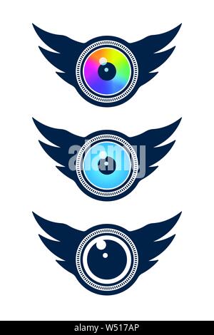 Augen, Flügel, und Kameraobjektiv Symbole auf weißem Hintergrund. Vision und Medien Symbole. Stock Vektor
