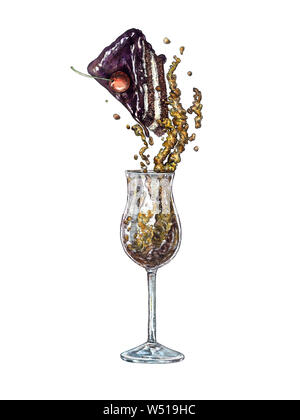 Ein Glas Brandy und ein Stück Schokoladenkuchen mit bunten abstrakte Farbe spritzen auf Hintergrund, Handgemalten Aquarell mit tusche zeichnung Stockfoto