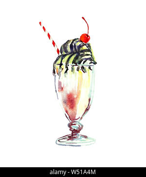 Milchshake mit Stroh und Kirsche auf der Oberseite, Aquarell gemalte Hand Abbildung Stockfoto