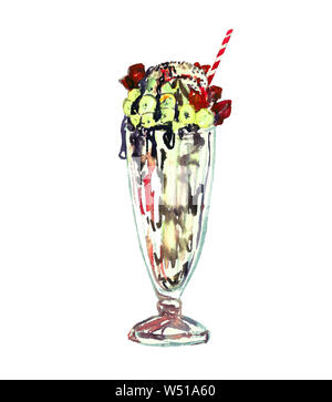 Milchshake mit Stroh und Schokolade auf der Oberseite, Aquarell gemalte Hand Abbildung Stockfoto