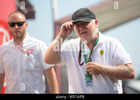 Hockenheim, Deutschland. 25. Juli, 2019. Motorsport: Formel 1-Weltmeisterschaft, den grossen Preis von Deutschland. Norbert Vettel, der Vater von Formel 1-Fahrer Sebastian Vettel, kommt auf die Koppel. Credit: Sebastian Gollnow/dpa/Alamy leben Nachrichten Stockfoto