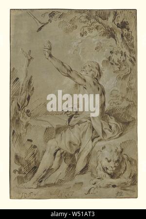 Der heilige Hieronymus hören die Posaune des Jüngsten Gerichts, Antonio Castillo y Saavedra (Spanisch, 1616-1668), 1645-1650, Rohrfeder und braun mit weißer Tinte, Gouache verstärkt auf Hellblau-grün vorbereitete Papier, schwarze Kreide und dunkelbraune Tinte Rahmenlinien, 29,4 x 19,8 cm (11 9/16 x 7 13/16-in Stockfoto