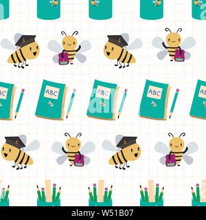 Besetzt Bienen mit Bücher, Taschen und Bleistifte zurück zu Schule design Niedlich. Die nahtlose Vektor Muster auf gelbe Raster und weißen Hintergrund. Ideal für Stock Vektor