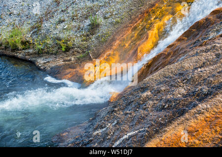 Firehole River und Geysire Wasser Begegnung, Yellowstone National Park, Wyoming. Stockfoto