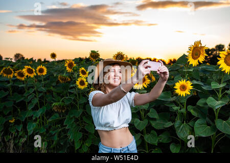 Schöne lockige Haare Frau Modell einer selfie mit Ihrem Smartphone vor einer Sonnenblume Wiese bei Sonnenuntergang Stockfoto